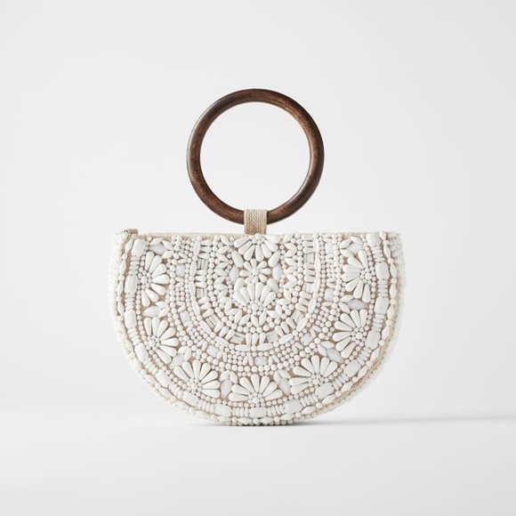 Zara Handbags - Zara natural white beaded oval crossbody handbag